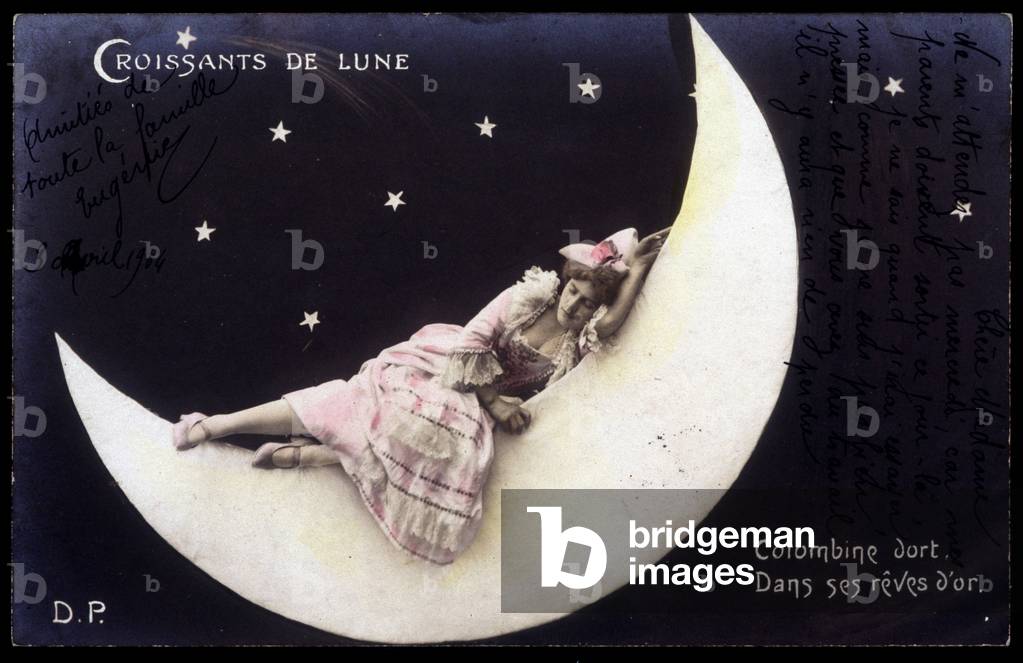 Colombine on the Moon - Postcard, early 20th century.