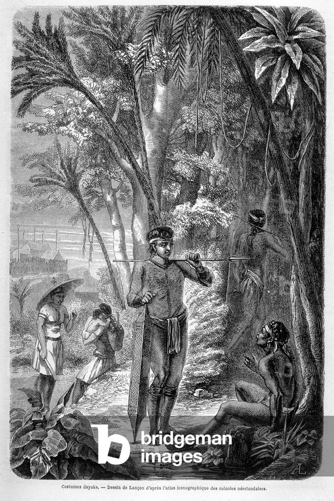 Illustration published in the 1862 edition of “Le Tour du monde” depicting a dayak resident of the island of Borneo. Engraving.