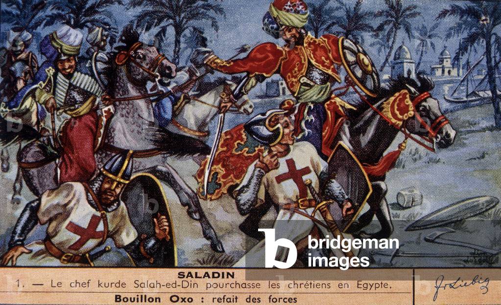 Kurdish leader Saladin (1138-1193) (Salah al Din Yusuf al-Ayyubi (al Ayyubi) chases Christians in Egypt. chromo. Liebig, deb. 20th century