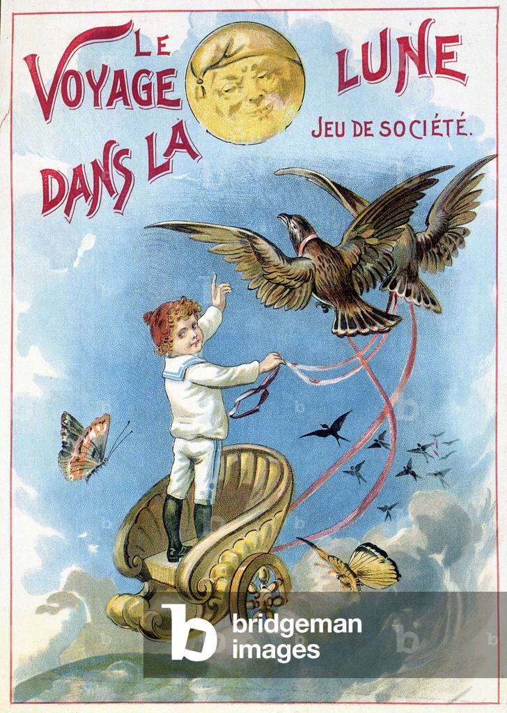 Child taken in a chariot drawn by birds towards the moon: “” The Journey in the Moon”” - game box, n.d. 19th century.