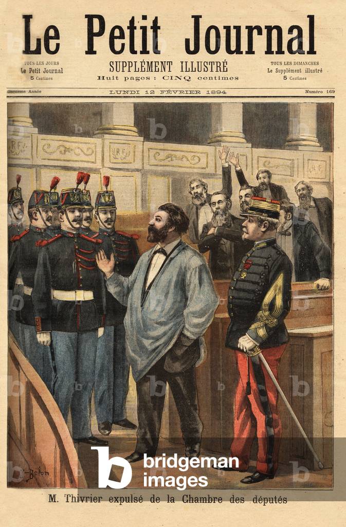 The depute de l'Allier, Christophe Thivrier (1841-1895), nicknamed “the depute in a blouse”, because he always wore one, out of loyalty to the Bourbonnais miners from which he was born, was expelled from the chamber of deputes by the soldiers, for having cried “live the commune” in the midst of the debates. Engraving in “” Le petit journal”” 12/02/1894. Selva's collection.