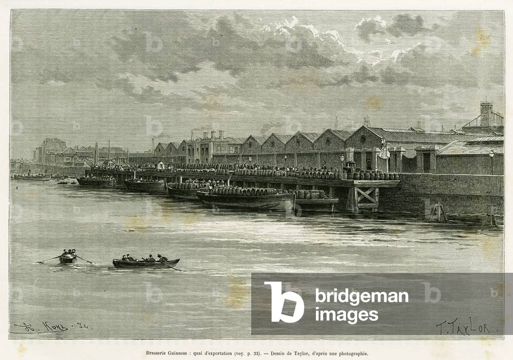 Guinness Brewery, export dock. Engraving by Taylor, to illustrate the story Trois mois en Irlande, in 1889, by Marie Anne de Bovet, in le tour du monde 1890, directed by Edouard Charton (1807-1890), Hachette, Paris.