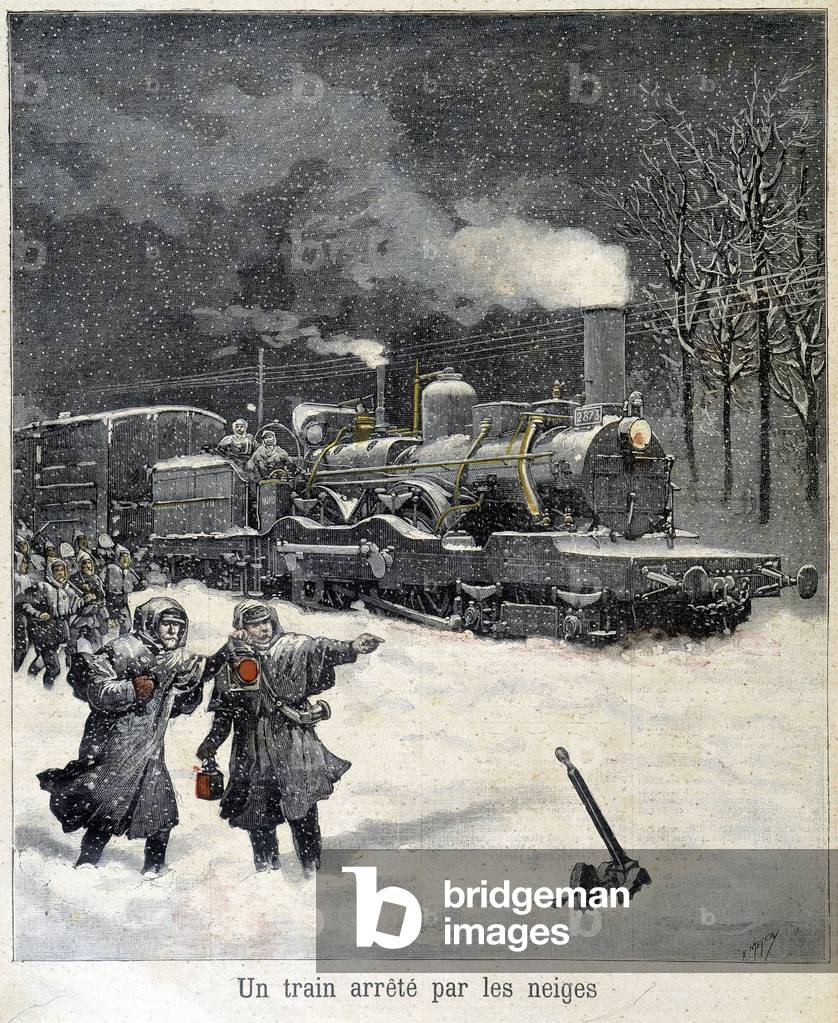 Train forced to stop by snow. Illustration of the newspaper “” Le Petitle Parisien”” of March 1892.