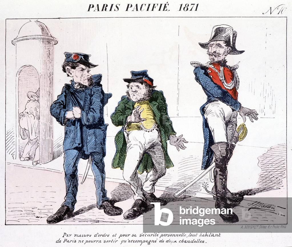 Paris Pacified 1871 - As a measure of order and personal safety, every resident of Paris can only go out with two candles. Cartoon about the Commune.