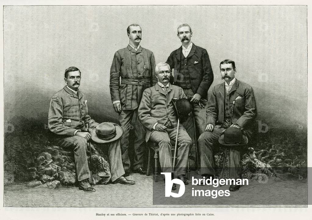 Bild von Gravur "Porträt von Henry Morton Stanley (kein John Rowlands 1841-1904) umgibt seine Offiziere von li
