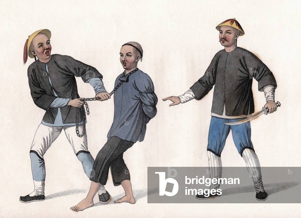 An accused is taken to prison, tied by a chain around his neck. Engraving, in “The Punishments of the Chinese”, London, 1801.