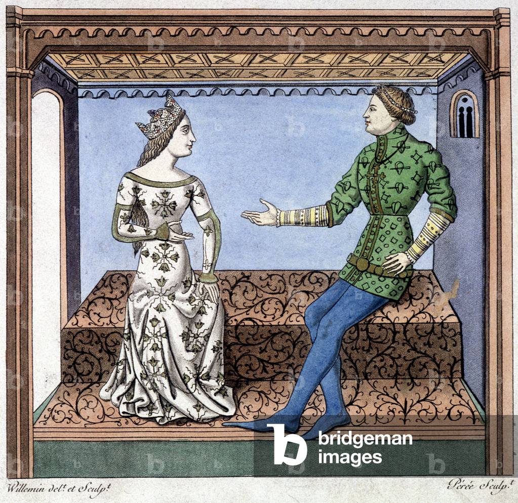 Lancelot and Guineèvre in conversation - extract from Lancelot du lac, based on document from 1370.