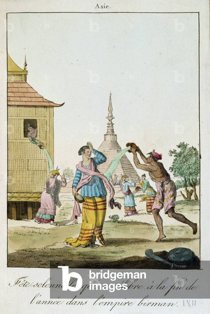 Burmese custom for the holiday season: water is thrown on each other - Engraving, 1811