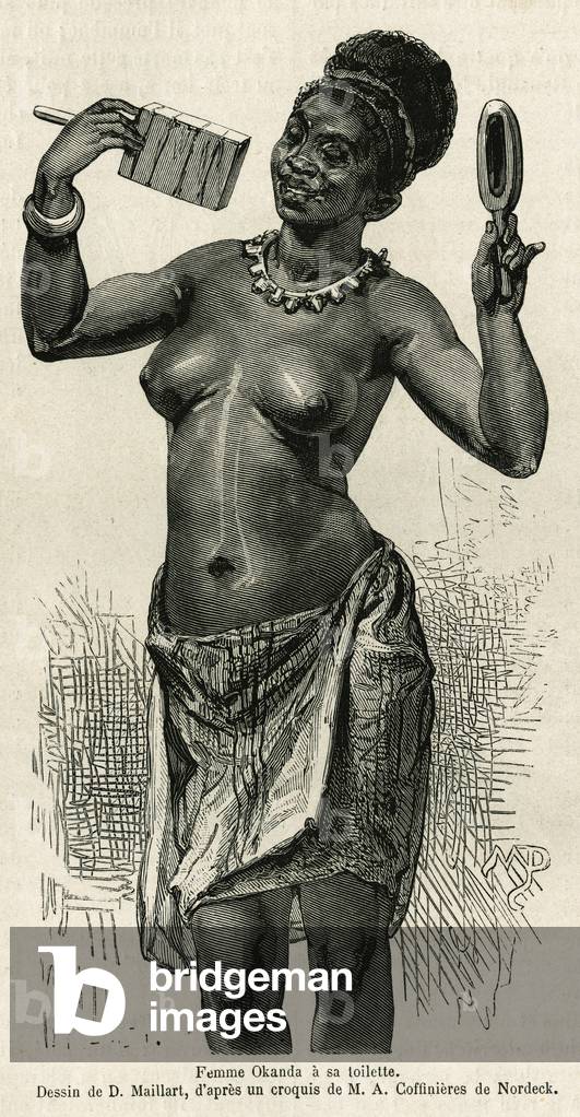 Femme Okanda has her toilet, drawing by D.Maillard, to illustrate the story of a trip to Gabon and the Ogoue River, in 1875-1877, by Alfred Marche. Engraving in Le tour du monde, 1878, directed by Edouard Charton, Paris. Selva Collection.