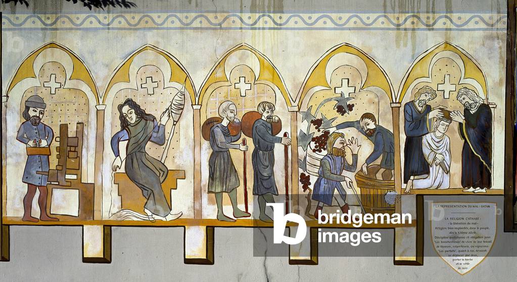 Historical fresco in the streets of Carcassonne: Representation of evil = the Cathars (the Perfect)