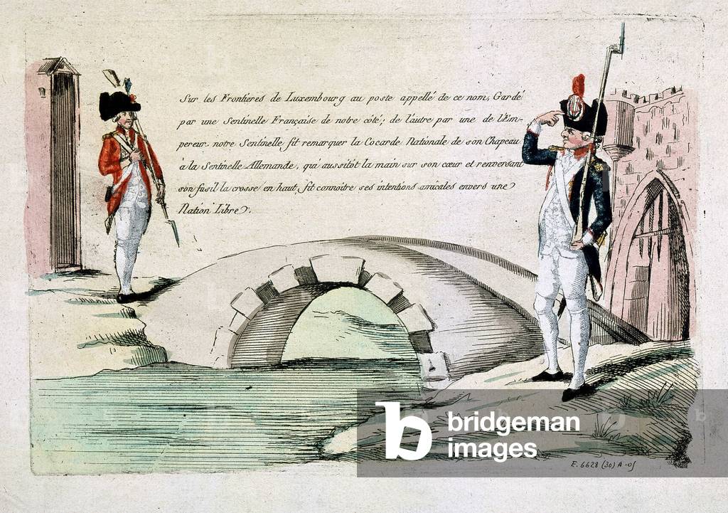 French and Luxembourg customs officers greeting each other amicably (question of borders under the revolution), late 18th