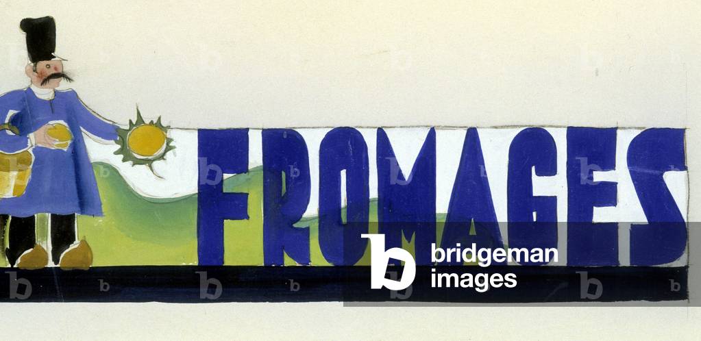 Cheese advertising label representing an Auvergnat in traditional costume