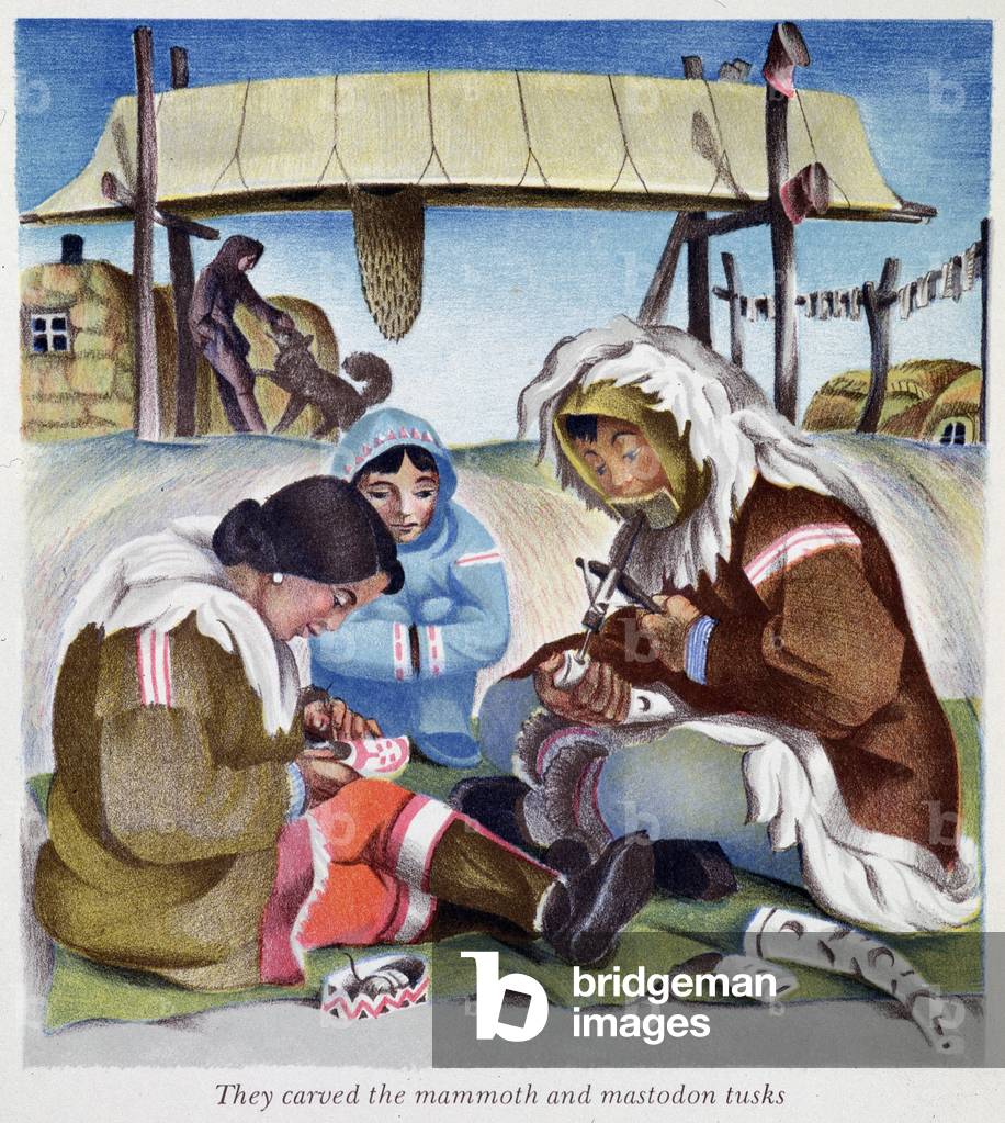They carved the mammoth and mastodon tusks (Use of Animal Bones for Crafts by Eskimos) - in “” History of Alaska””, ill. by C. De Witt, ed. Harper, N.Y., 1940