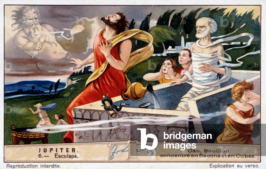 Aesculapus dies, blasted by Jupiter, for resurrecting the dead - Oxo chromolithography, produced Liebig, 19th century