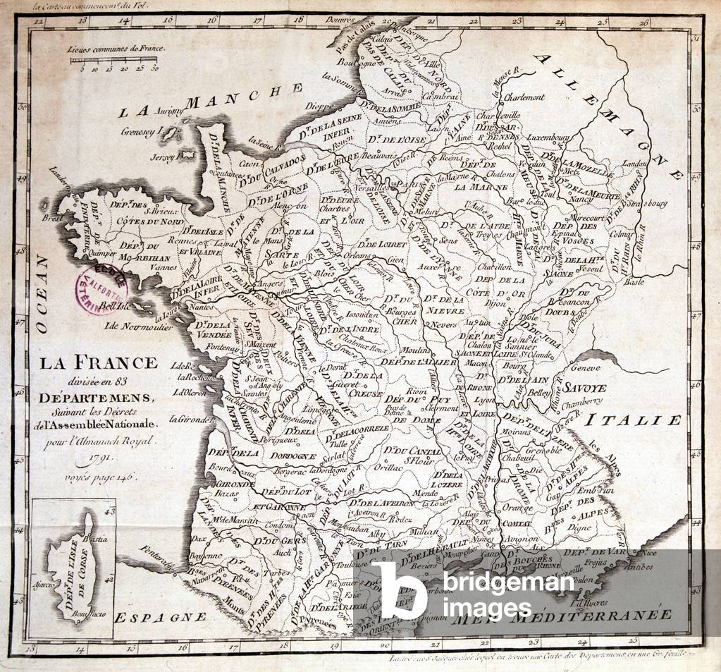 France divided into 83 departments following the decrees of the National Assembly of 1791
