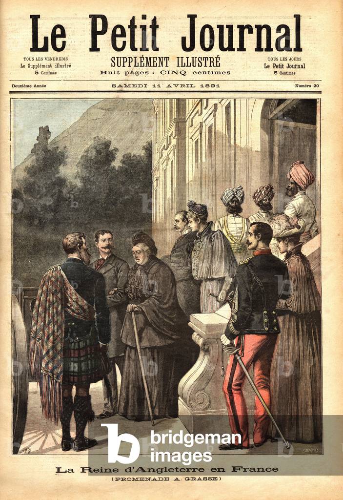 Queen Victoria (Alexandrina Victoria de Wettin, born of Hanover, 1819-1901), visiting Grasse (France), accompanied by the representatives of her empire, Queen of the United Kingdom and Impress of India, and welcomed by the dignitaries of the French army. Engraving in “” Le petit journal”” 11/04/1891. Selva's collection.