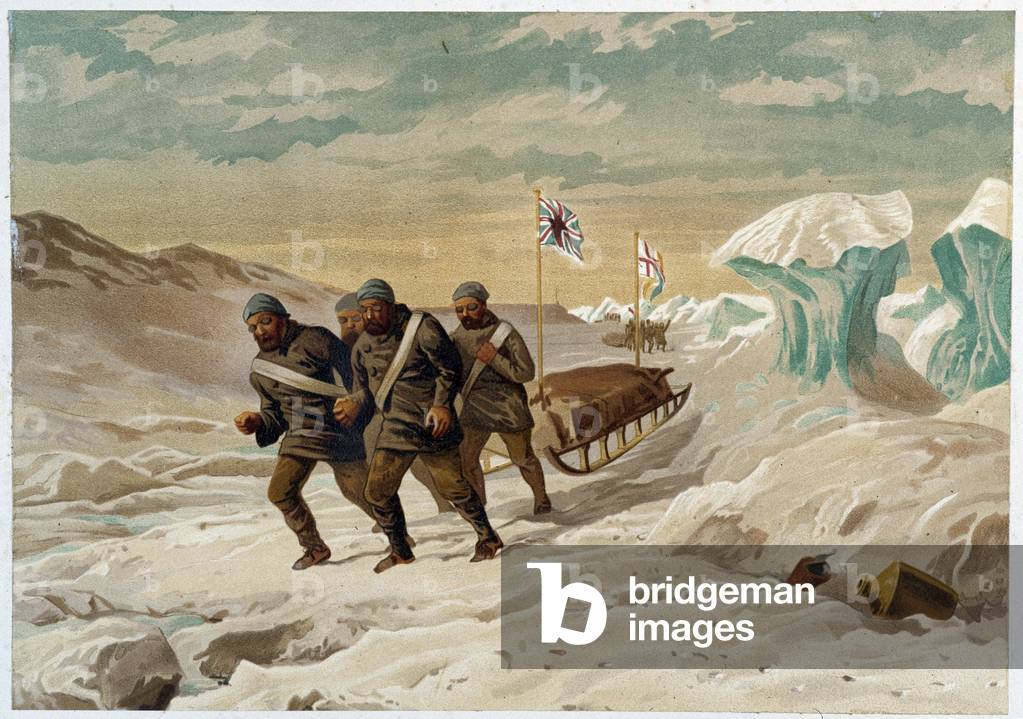 Men and sleigh on the ice - in “” The shores of the polar sea, an Arctic expedition narration””, by Dr. Edward Moos, Marcus Nard & Co, London, 1878