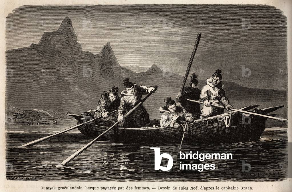 Greenland Umyak, type of boat operated by women. Engraving to illustrate the voyage to the free sea of the Arctic pole, by Doctor Hayes, surgeon of the United States Navy, in 1860-1862, published in “Le tour du monde, nouveau journal des voyages”, edited by Edouard Charton, 1868, Paris. Selva Collection.