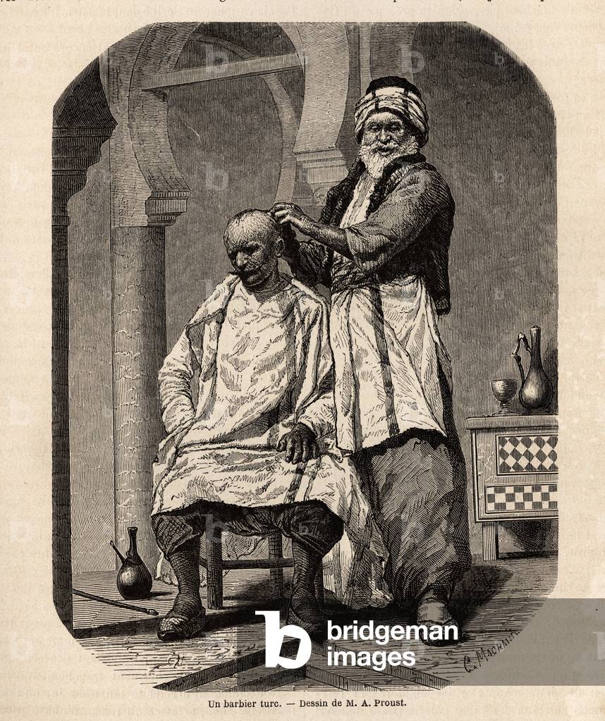 A Turkish barber, drawing by Antonin Proust, to illustrate the story of his stay in Istamboul in 1862. Engraving in “” Le tour du monde””, edited by Edouard Charton, 1863. Selva's collection.