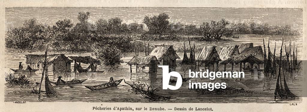 The fisheries of Apathin (Serbia), on the Danube. Drawing by Lancelot, to illustrate his journey from Paris to Bucharest in 1860. Engraving in “” Le tour du monde””, edited by Edouard Charton, 1865. Selva's collection.