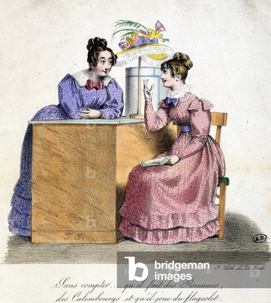 Women at work recounting their romantic encounter by enumerating: “Not to mention... that he makes romances, calembourgs and plays the flageolet.”