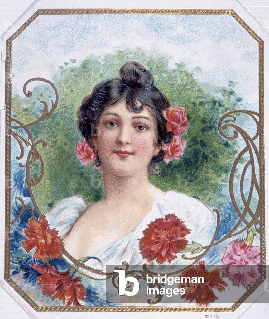 Portrait of a stylized woman - cigar label, chromolithography, n.d., v.1900