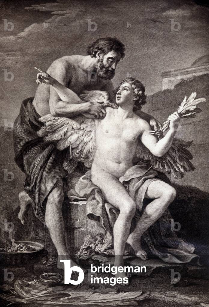 Daedalus und Ikarus. Gravur aus dem 19. Jahrhundert.