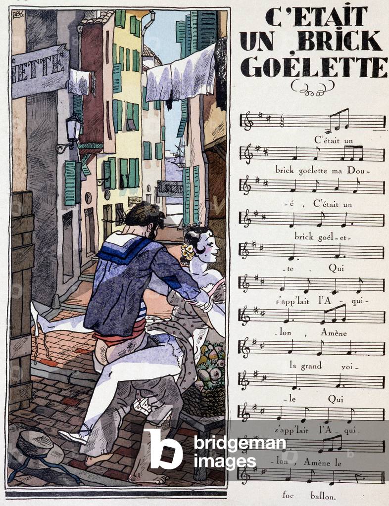 Couple making love in the street - song “” C'est un brick schooner””, in “” Chanson des salles de guards et d'ailleurs”” ill. by Rbk, 1928. RIGHTS RESERVED.