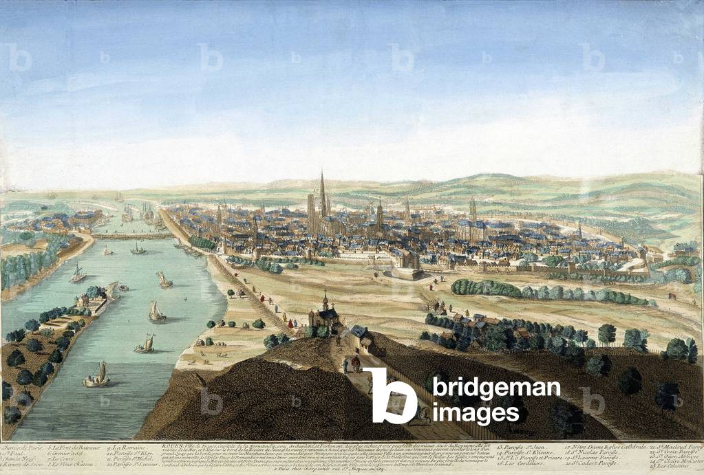 View of the port and the city of Rouen; Engraving of the 18th century.