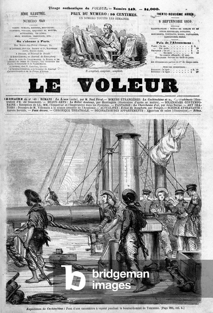 Expedition to Cochinchine: bridge of a steam gunboat during the bombing of Touranne in “” The Thief””, September 8, 1859.