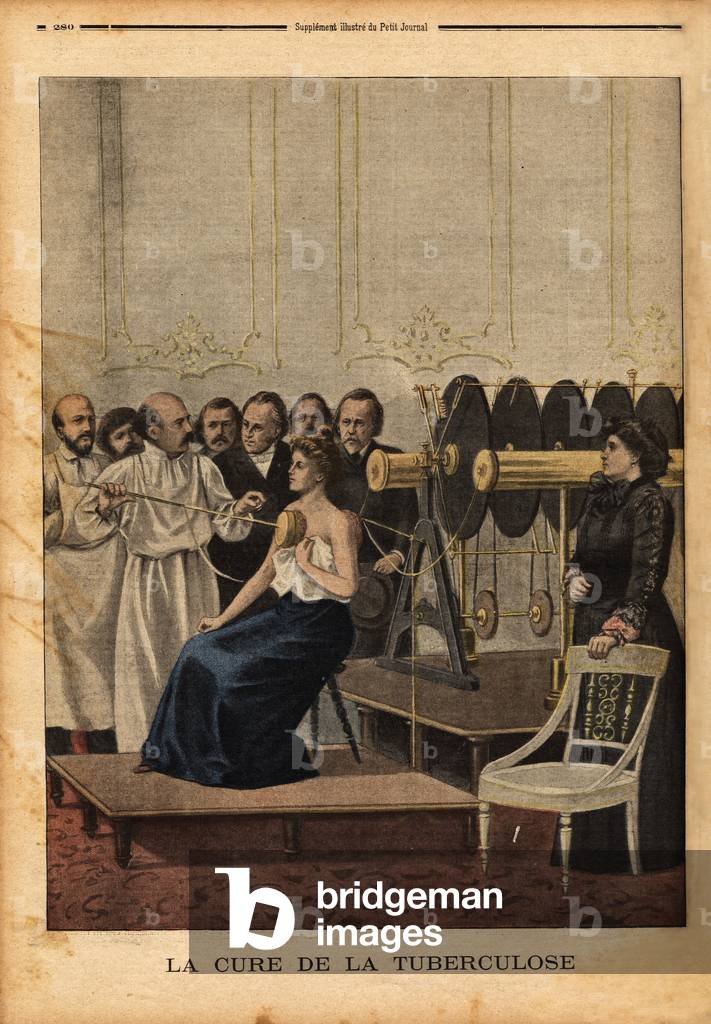 Dr. Francisque Crotte and his invention, the anti-tuberculosis apparatus, which by treatment has static electricitis, heals the sick without the treatment weakening them more than the disease itself. Engraving in 