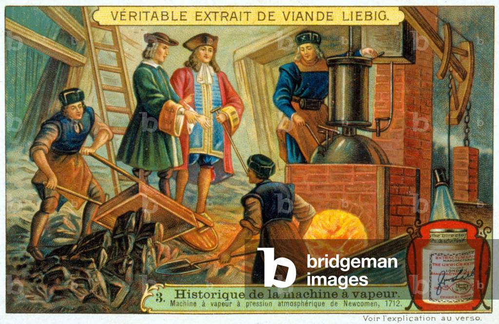 History of the steam engine: Newcomen atmospheric pressure steam machine, 1712 - Liébig advertising sticker.