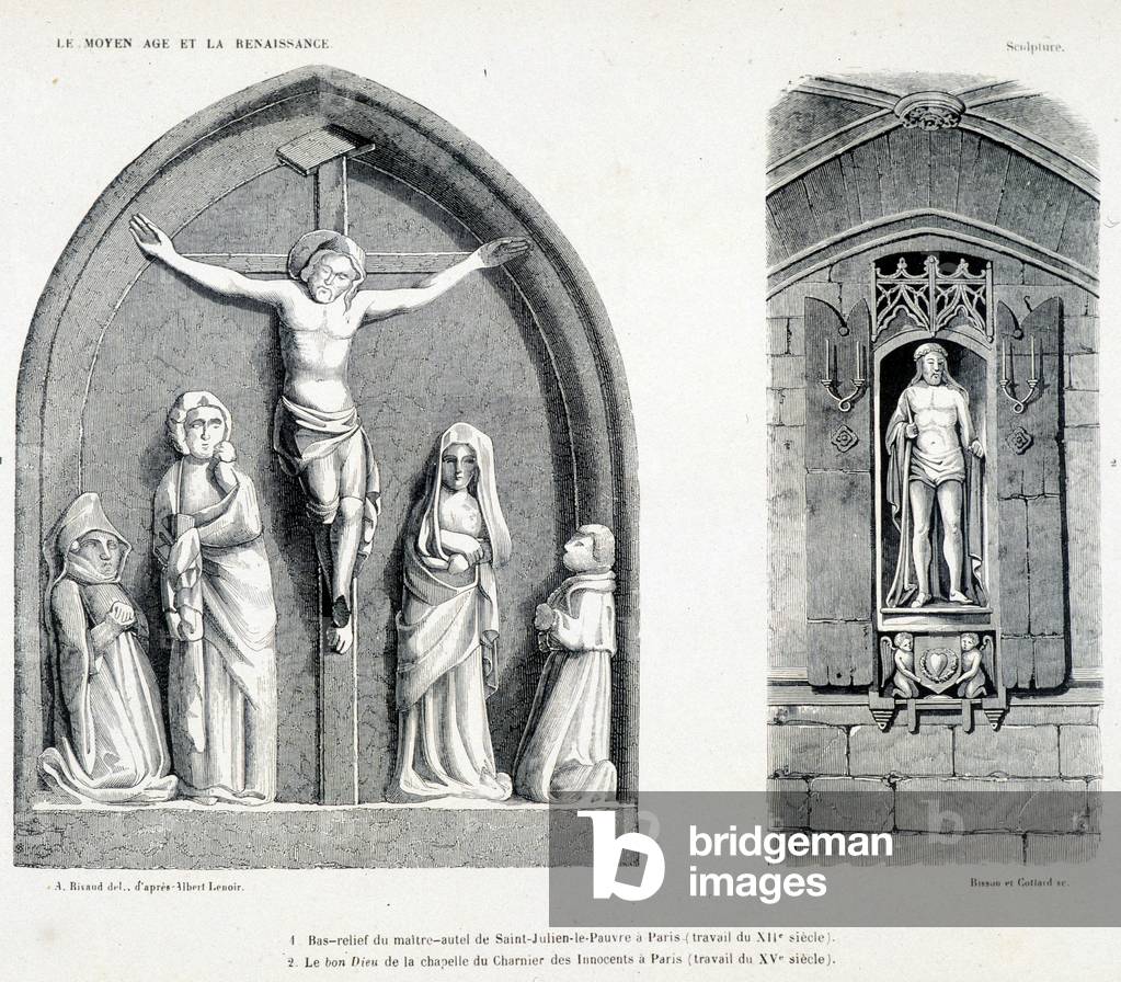 Bas reliefs of the church Saint Julien le Poor in Paris representing crucifiction. Engraving of the 13th century.