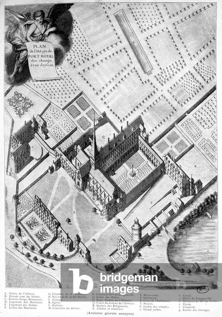 Horseman perspective of the abbey of Port Royal des Champs (Port-Royal-des-Champs) bird view - engraving, 17th century