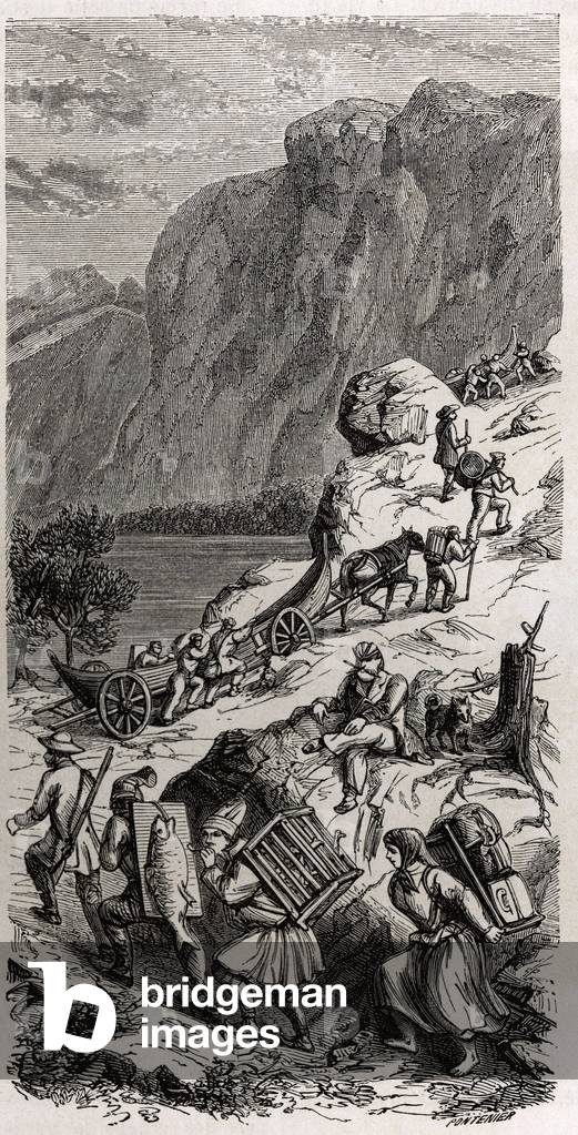 A portage, drawing by M.de Saint Blaise, to illustrate his travels to the Scandinavian states in 1856. Engraving in “” Le tour du monde””, edited by Edouard Charton, 1862. Selva's collection.