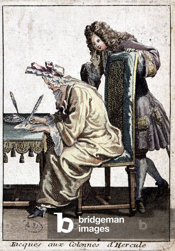 Woman in a shirt and nightcap writing a letter with man, n.d. v. 1715.