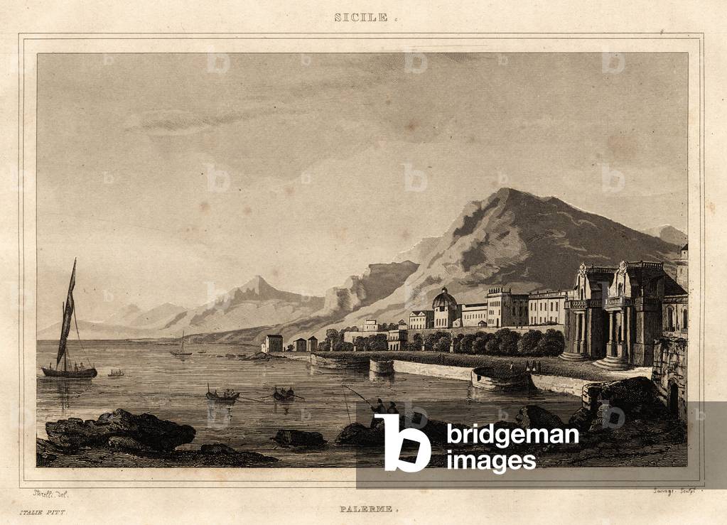 View of Palermo, Sicily, engraving by Storelli, in “” Picturesque Italy”, Amable Coste editor, 1836.