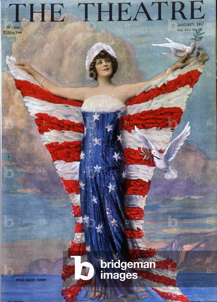 Allegorie, Schauspielerin Hazel Dawn (1891-1988) posiert mit der Flagge der Vereinigten Staaten und Tauben, di