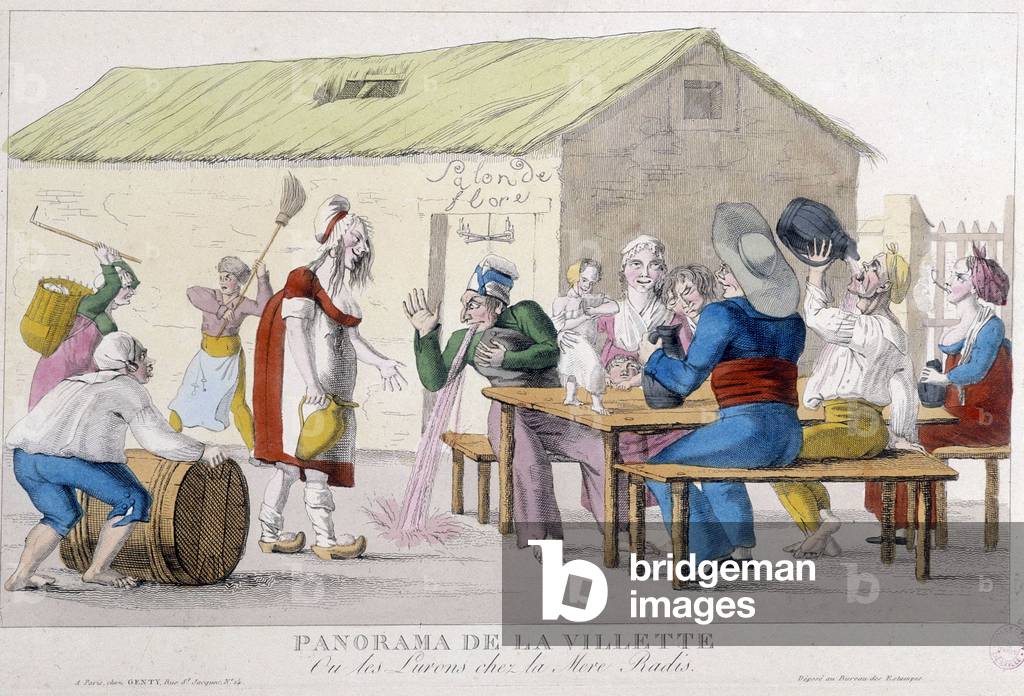 Café: panorama of the Villette, or the lurons at Mother Radis - engraving of song, 18th century, Carnavalet.