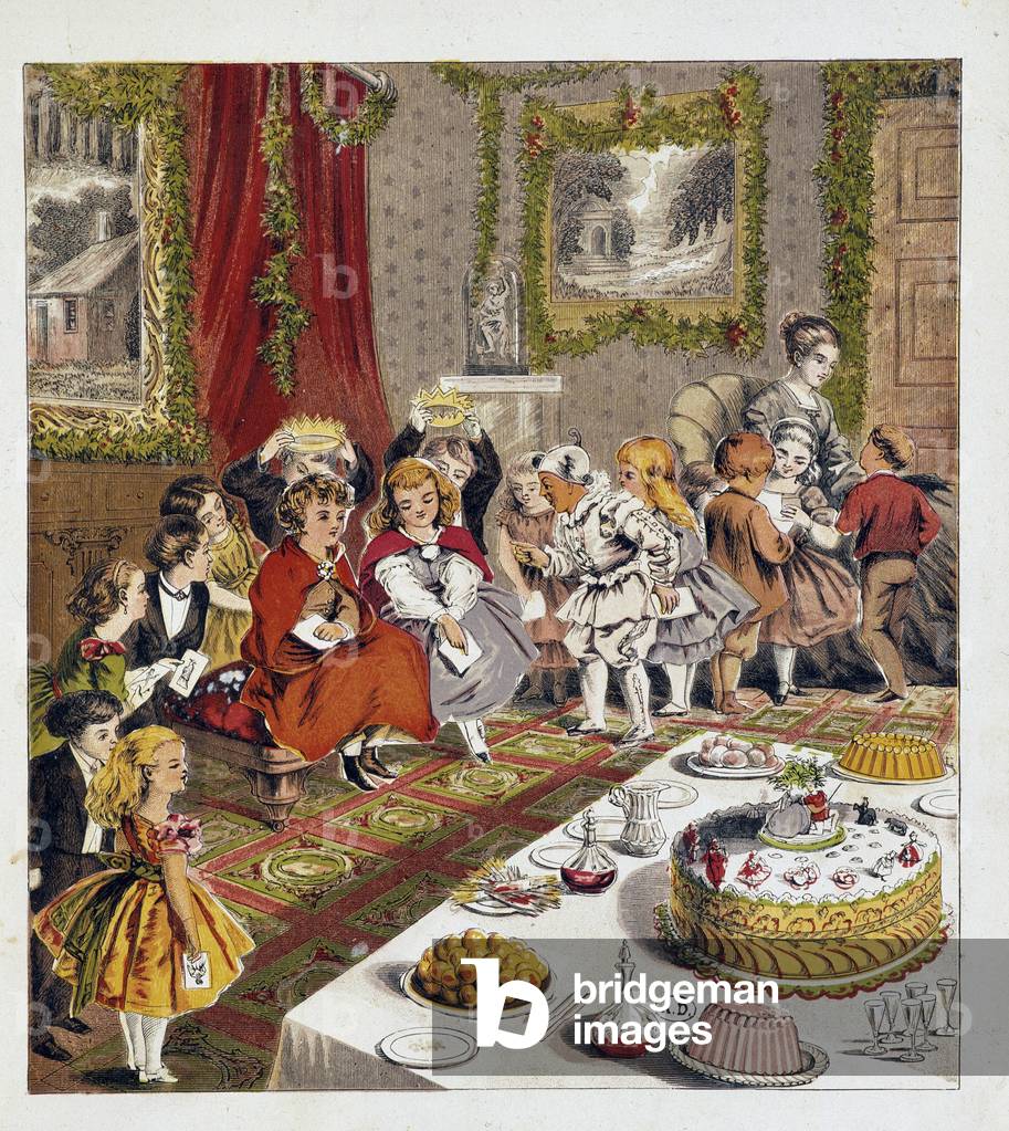 Kids party with a big cake in the middle. “” The Costume Ball”” - in “” Store of Little Children””
