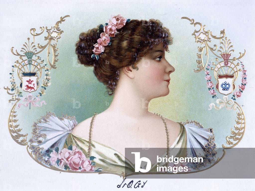 Porträt einer stilisierten Frau - Zigarrenetikett, Chromolithographie, n.d., v.1900