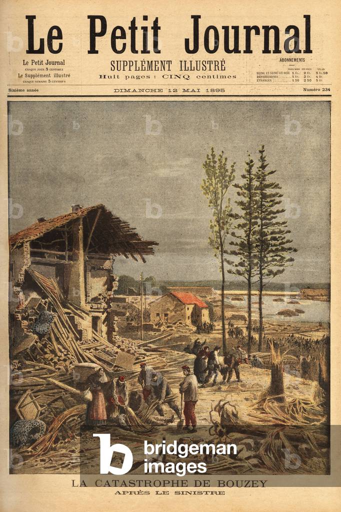 The Bouzey disaster, (Vosges), the dam of the reservoir of Epinal broke, pouring 7 million cubic metres of water. Engraving in “” Le petit journal”” 12/05/1895. Selva's collection.