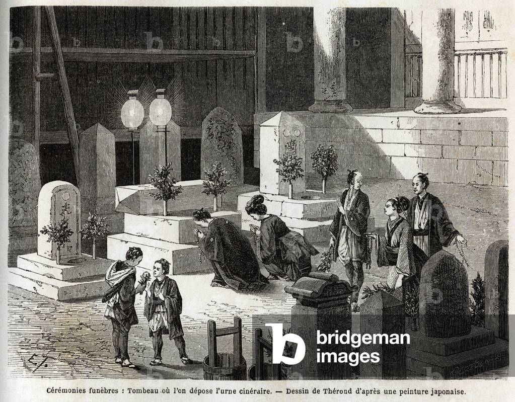 Funeral ceremonies: tomb where the cinerary urn is placed. Engraving to illustrate the voyage to Japan in 1863-1864, by Aime Humbert, minister of the Swiss Confederation, in “Le tour du monde, nouveau journal des voyages”, published under the direction of Edouard Charton, 1866, Paris. Selva Collection.