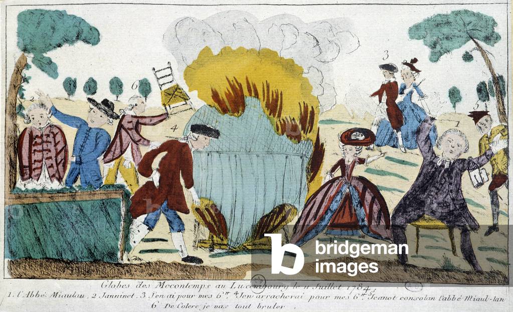 Globes des Mecontemps in Luxembourg on 14 July 1784. Failed to fly a balloon led by Abbe Miolan and Sieur Janinet in 1784. Inscriptions below: Sitting on the stool Abbe Miaulan. Left hand in pockets: Janninet. Right Jeannot consoling the abbe miaulan. By the fire a man says, “I'm going to burn everything.” Library of decorative arts.
