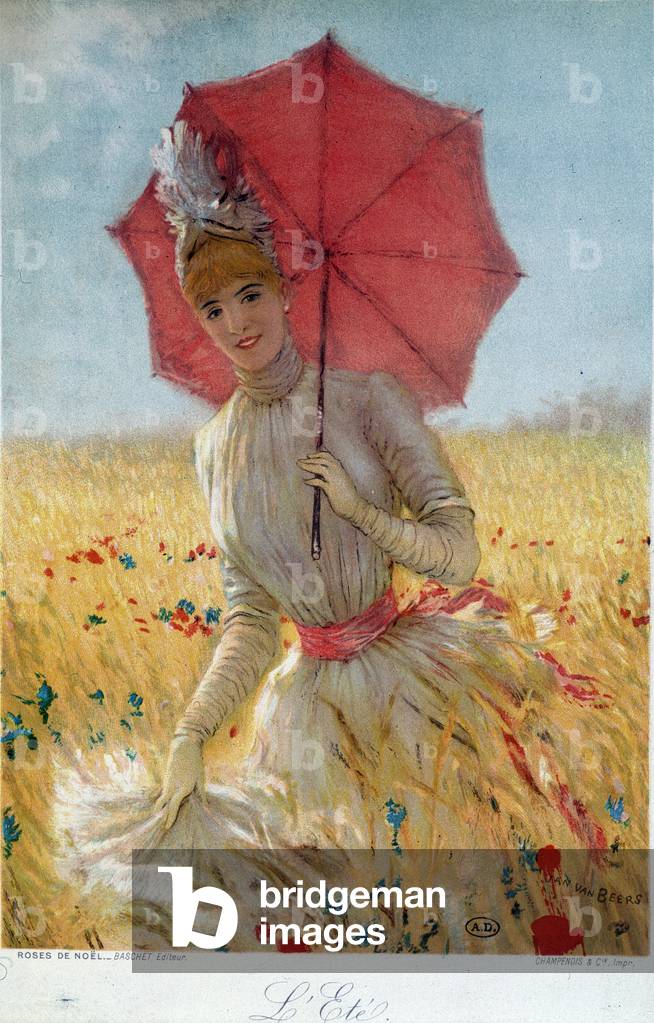 Summer: young woman with an umbrella in a wheat field - drawing, late 19th century