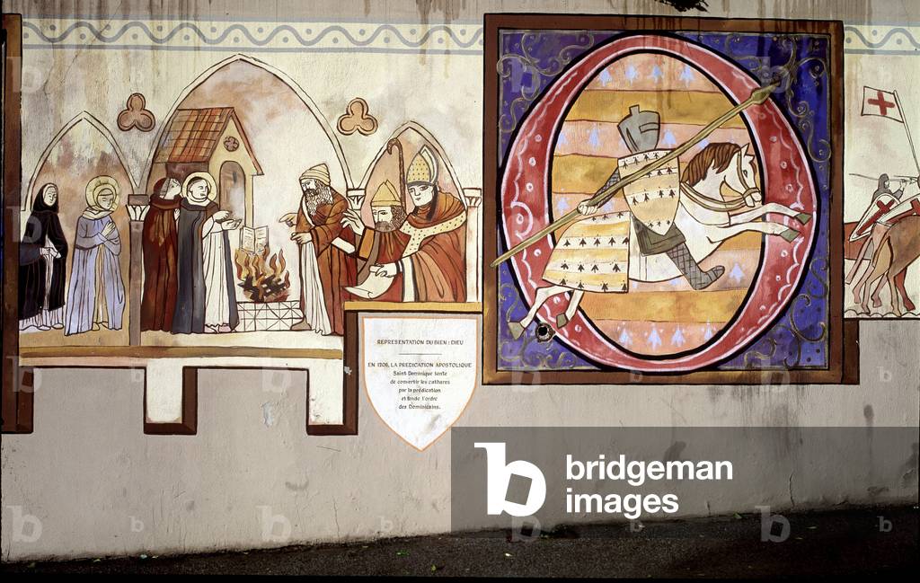 Historic fresco in the streets of Carcassonne: Saint Dominica converts the Cathars