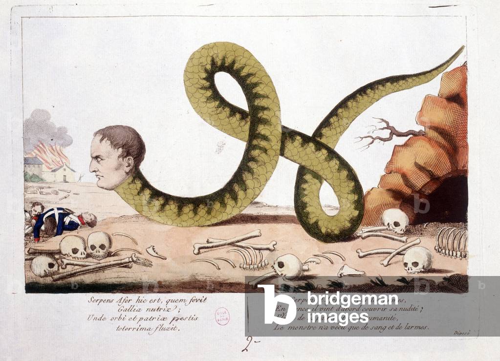 Cartoon about Napoleon I represented as a snake. Snake of Africa under arms, in France he first came to cover his nakedness; Scourge of homeland and humanity, the monster lived only with blood and tears. - in Napoleon I, caricatures, dummy collection. 1814 - 1815. B.H.V.P.