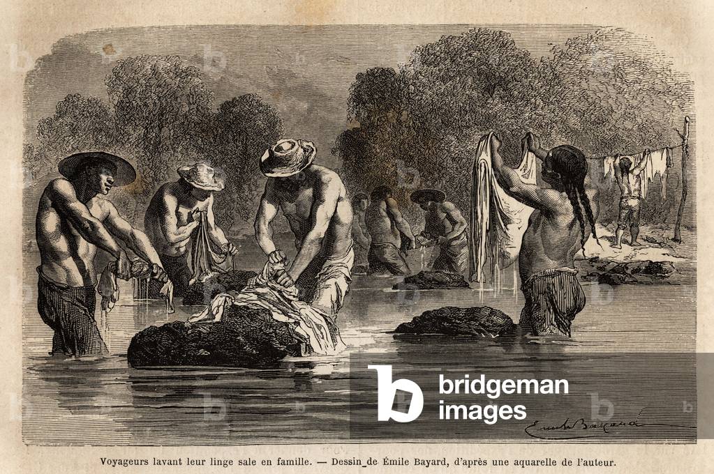 Travellers washing their dirty laundry in the river, along with Bolivian peons, in the vicinity of Maniri (Lower Peru). Engravure pour illustrrer le voyage dans les vallees de Quinquinas, by Paul Marcoy, in 1849-1861, published in “” Le tour du monde””” 1870-1871, edited by Edouard Charton, edition Hachette, Paris. Selva Collection.