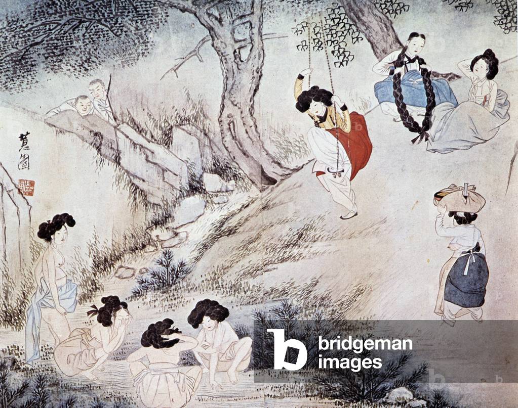 Women outdoors (bath in the river and swing) and two men watching them, Kree - by Hye-Wol, Yi Dynasty