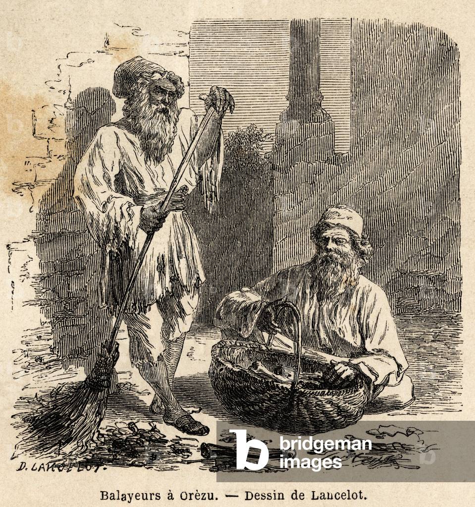 The sweepers in Orezu (Romania). Engraving to illustrate the voyage from Paris to Bucharest, by Lancelot, draftsman, in 1860, published in “Le tour du monde, nouveau journal des voyages”, under the direction of Edouard Charton, 1868, Paris. Selva Collection.